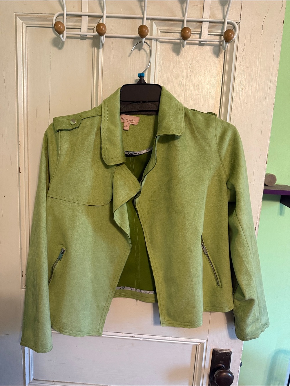Philosophy Light Green Suede-Look Moto Jacket